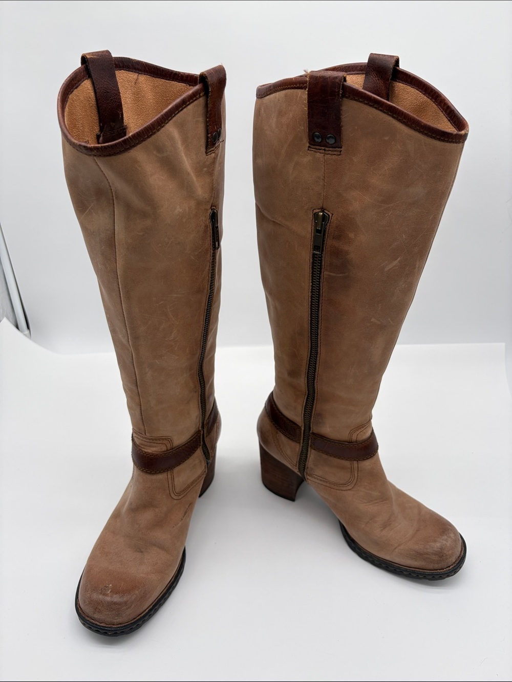 Born Tan Brown Leather Side Zipper Heeled Tall Boots Women Size 7 1/2 BLEMISH